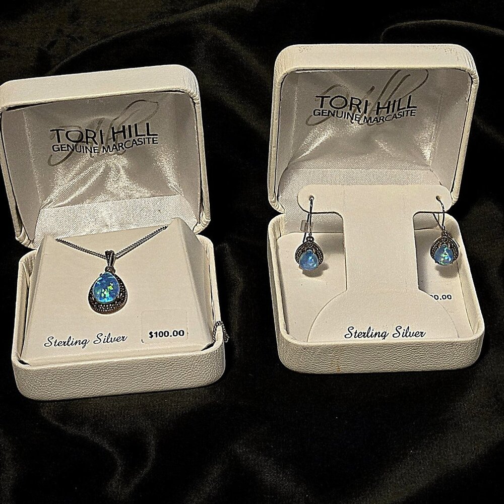 NWT Genuine Marcasite/Sterling Silver/simulated Blue Opal Necklace / Earring Set